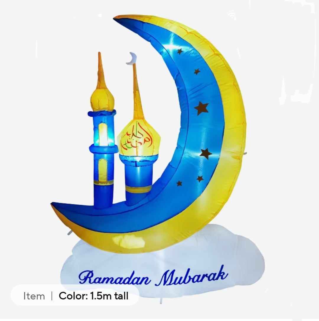 two faces "Ramadan Mubarak" and "Eid Mubarak" inflatable crescent with pillars