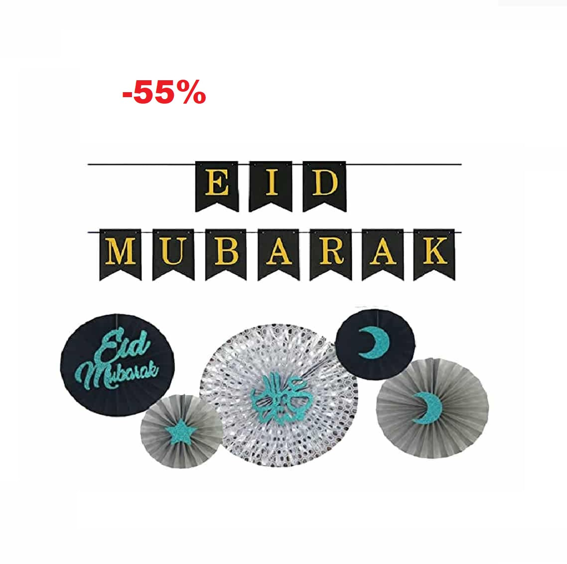 Eid Mubarak Gold White Paper Fan Set