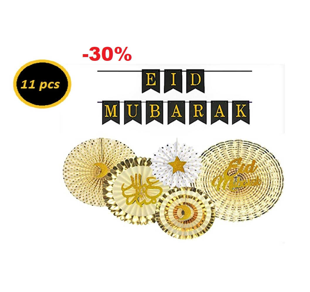 Eid Mubarak Gold White Paper Fan Set