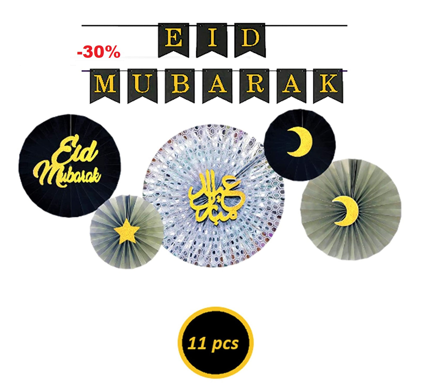 Eid Mubarak Gold White Paper Fan Set
